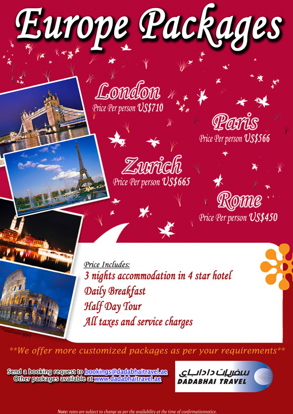 Europe Packages London, Paris, Zurich, Rome from Dadabhai Travel Dubai